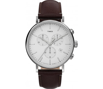Годинник Timex TW2V31000VQ Men's Fairfield Chrono 41mm Watch – Silver-Tone Case & White Dial with Brown Genuine Leather Strap