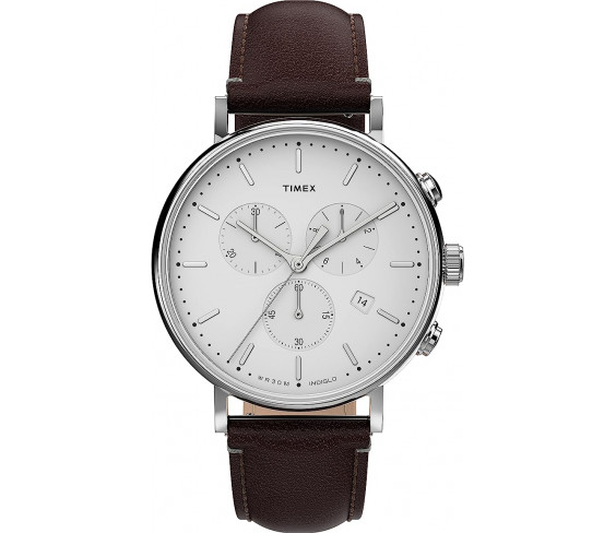 Годинник Timex TW2V31000VQ Men's Fairfield Chrono 41mm Watch – Silver-Tone Case & White Dial with Brown Genuine Leather Strap