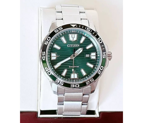 Чоловічий годинник Citizen Men's Eco-Drive Sport Green Dial Stainless Steel Watch 45MM AW1701-56X
