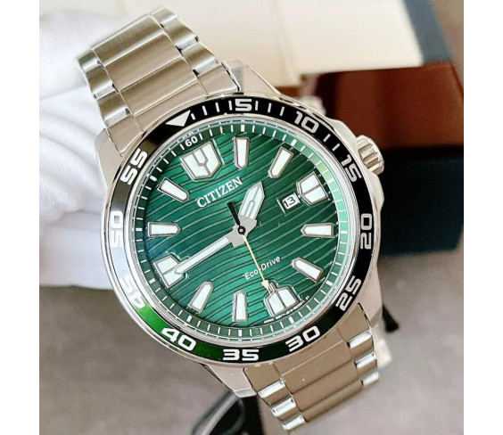 Чоловічий годинник Citizen Men's Eco-Drive Sport Green Dial Stainless Steel Watch 45MM AW1701-56X