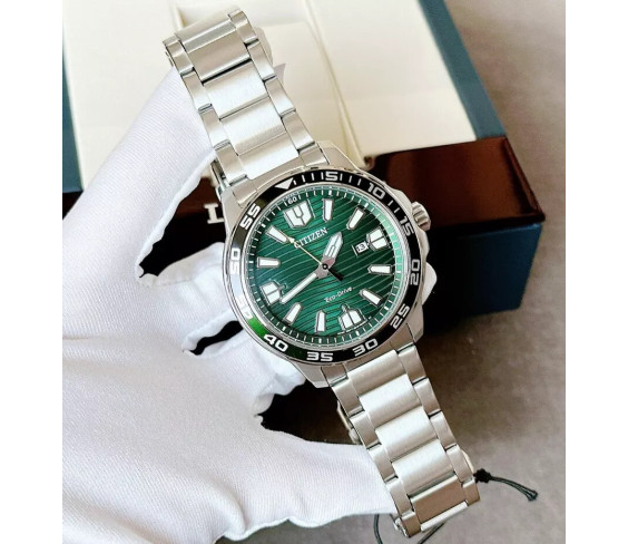 Чоловічий годинник Citizen Men's Eco-Drive Sport Green Dial Stainless Steel Watch 45MM AW1701-56X