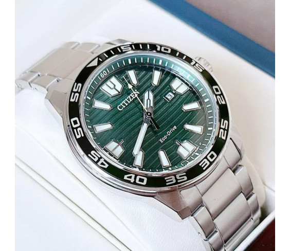 Чоловічий годинник Citizen Men's Eco-Drive Sport Green Dial Stainless Steel Watch 45MM AW1701-56X